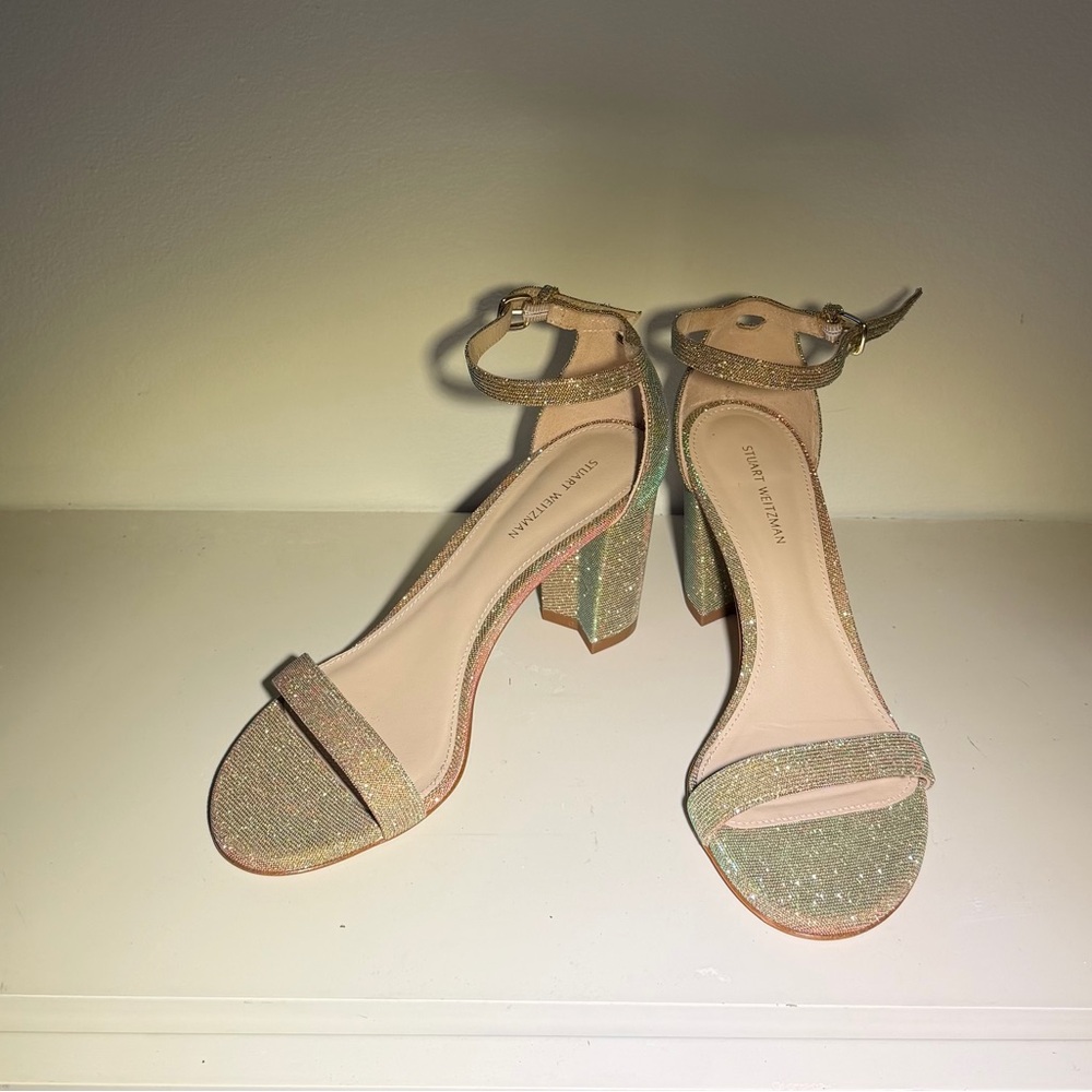Stuart Weitzman Iridescent Gold-Glitter Ankle-Strap Block Heels. Sz 6.5. NWOB - Picture 2 of 9